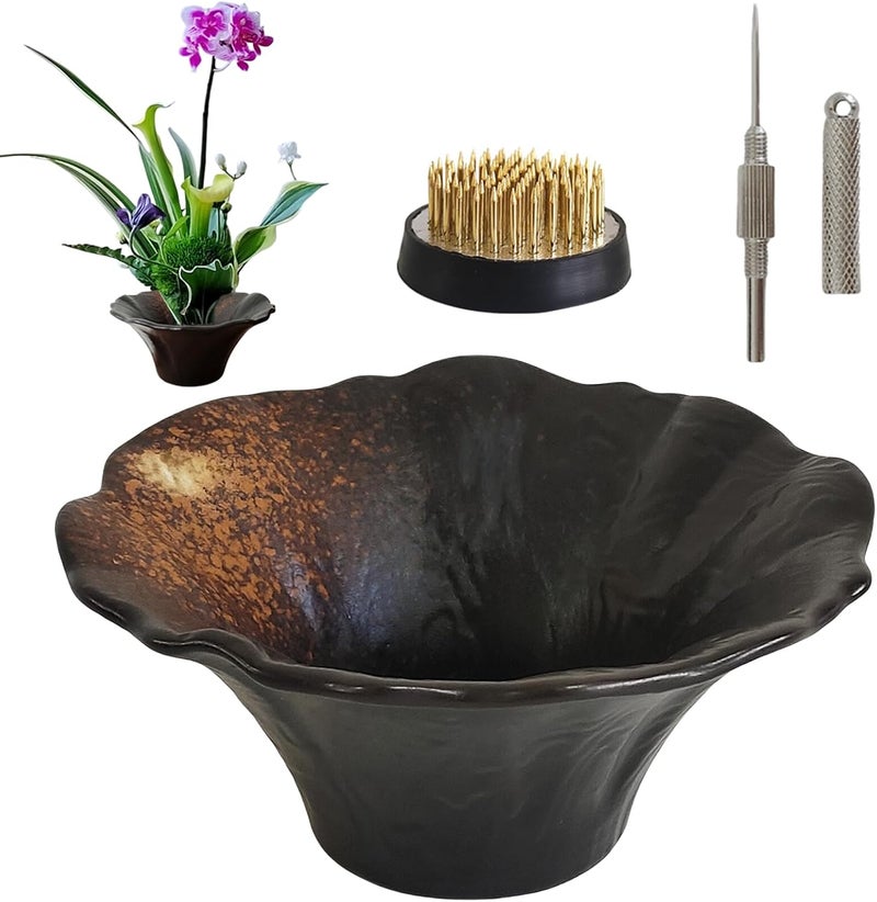 WEOPYCJ Japanese Ceramic Ikebana Kit, Floral Shaped Vase Arranging Supplies, Black Arrangement Bowl with Flower Frog Pin Cleaning Needle (High) - Image 1